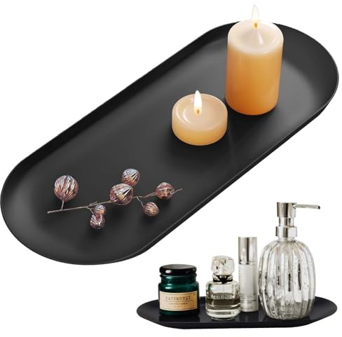 Decorative Tray, Ornaments Plate Stainless Steel, Oval Storage Purpose Trinket Tray Key, Desserts Home Décor Coffee Table Candle Key Cosmetics Dish Black, Black Candle Tray