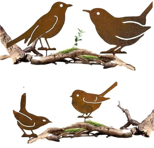 LUMOOM 4 decorazioni da giardino con uccelli, in metallo arrugginito, per esterni, decorazione per uccelli arrugginiti, effetto ruggine, spina per alberi in legno, giardino, terrazza, balcone (uccello