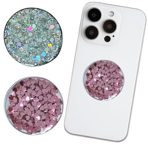 Set of 2 Circular Phone Grip Holder with Ring Stand, Finger Grip for Back of Phone - Compatible with Smartphones, Cases, Silver & Pink (Style 1)