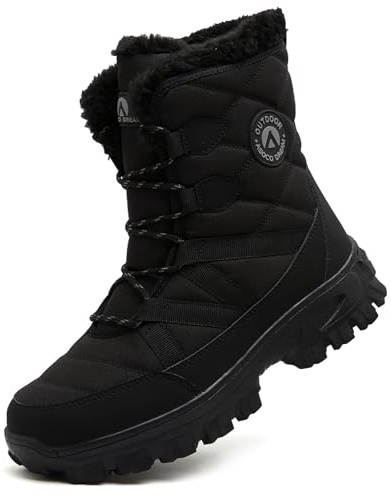 ASOCO DREAM Snow Boots Men's Waterproof Warm Fur Lined Winter Boots Outdoor Mid Calf Walking Hiking Booties,All Black,10 UK