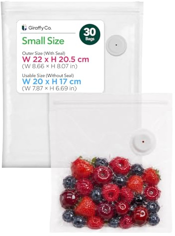 GIRAFFYCO 30 Small Reusable Vacuum Sealer Bags, 22 x 21 cm, Airtight Food | BPA-Free Airtight Bags with Detachable Valve for Handheld Vacuum Sealer, Freezer, Fridge, Meal Prep & Snacks