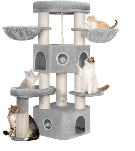Hzuaneri Kratzbaum, 163cm Hoch, 11cm Dicke Sisalsäule, Hellgrau Beige | Katzenbaum für Große Katze, 2 Höhlen, Geräumige Plattform, Plüschball, Katzenbürste, Mehrstöckiger Katzenkratzbaum, MS16318LG