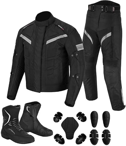 Vaster Moto Herren-Motorradanzug, wasserdichte Motorradjacke mit Hose und Stiefeln, CE-zertifizierter, gepanzerter Cordura-Anzug mit herausnehmbaren Protektoren (Schwarz, 4XL)