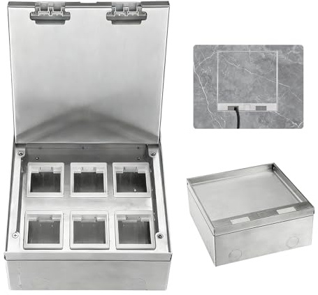 Enchufe de Suelo para Depósito de Suelo de Acero Inoxidable, 4000W/16A Caja de Enchufes Empotrable en el Suelo Impermeable, Insertos Opcionales para Equipar, 6 Compartimentos, 200 * 200mm