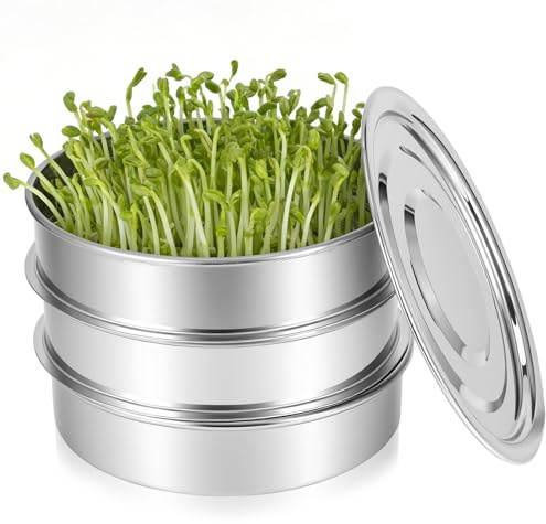 Stainless Steel Seed Sprouter Trays, 3-Tier Stackable Sprouting Trays | Microgreens Growing Tray with Mesh Trays, Base and Lid, Soil-Free Germination Tray for Mung Bean, Wheat Grass