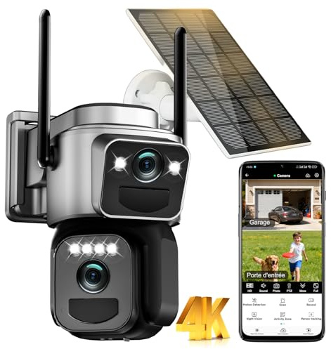 Budsun 4K Camera Surveillance WiFi Exterieure sans Fil,Camera Solaire/Batterie/Double Objectif,360°PTZ Sécurité à Domicile,Suivi Automatique,Vision Vocturne (Gray)