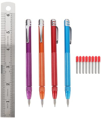 4 Pcs Tungsten Carbide Scriber with Knurled Aluminum Handle, Etching Engraving Pen Set with 8 Replacement Tips for Metal Ceramic Glass Wood