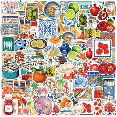 XETHI 100 Uds Pegatinas Cartoon Coloridas | Vinilo Impermeable Mediterráneo | Frutas y Mariscos Vibrantes | Accesorios Scrapbook para Adultos Journaling