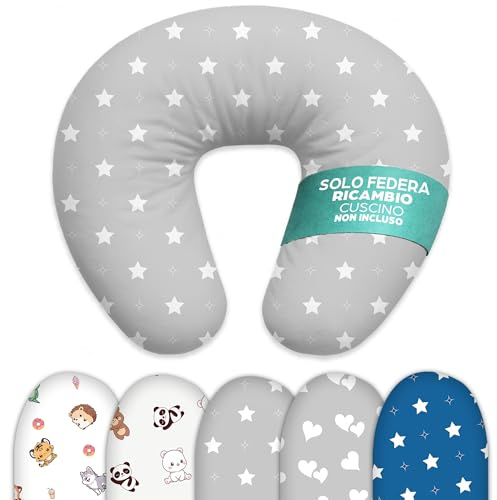 Federa Cuscino Allattamento di Ricambio Grigio Stelle Bianche | Ciambella Allattamento Neonato 0-12 Mesi Sfoderabile Lavabile | 100% Cotone OEKO-TEX Standard 100 | Zip Resistente Anallergico Lavabile