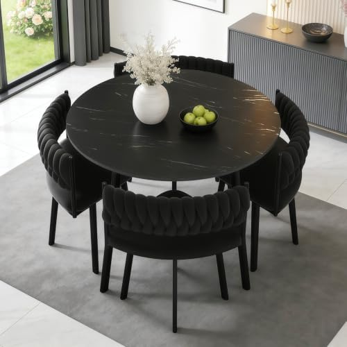 Essgruppe Set Tisch und Stühle, Runder Esstisch mit 4 Stühlen, Küchetisch aus Sinterstein Tischplatte mit Gepolsterten Stühlen, Tisch und 4 Stühle für Küche, Wohnzimmer, Restaurant (Rund Schwarz)
