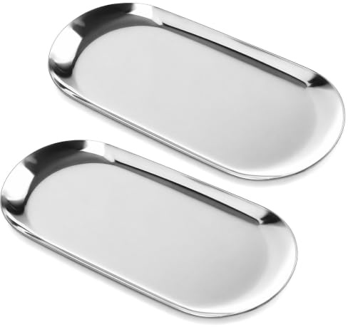2 Pcs Silver Decorative Trays - Small Stainless Steel Oval Trinket Trays, Rust Resistant Serving Silver Trays for Jewellery Candle, Key Storage, Cosmetics Dish for Bedroom Bathroom Coffee Table