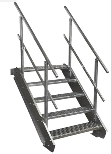 5 Stufen Stahltreppe mit beidseitigem Geländer/Breite 90cm Geschosshöhe 70-105cm / Robuste Außentreppe/Wangentreppe/Stabile Industrietreppe für den Außenbereich/Inklusive Zubehör