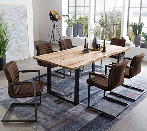SAM 7 TLG. Essgruppe Quintus, Baumkantentisch 180x90 cm, Akazie-Holz naturfarben, Gestell schwarz, 6X Schwingstuhl Parzivo Wildleder-Optik