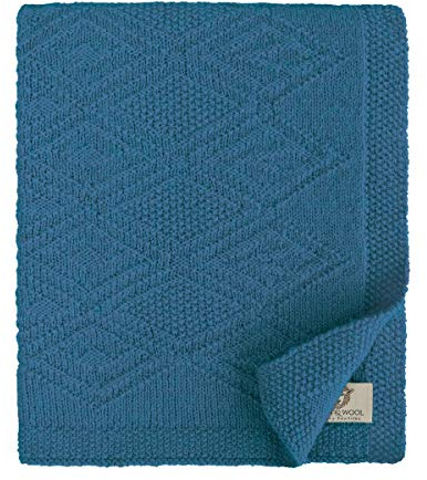 Linen & Cotton Babydecke Gestrickt Lilou Jungen Mädchen -100% Reine Neuseeland Wolle, Blau (85 x 65cm) Kuscheldecke Strick/Erstlingsdecke/Einschlagdecke Sommer Winter Kinderwagen Babyschale Babybett