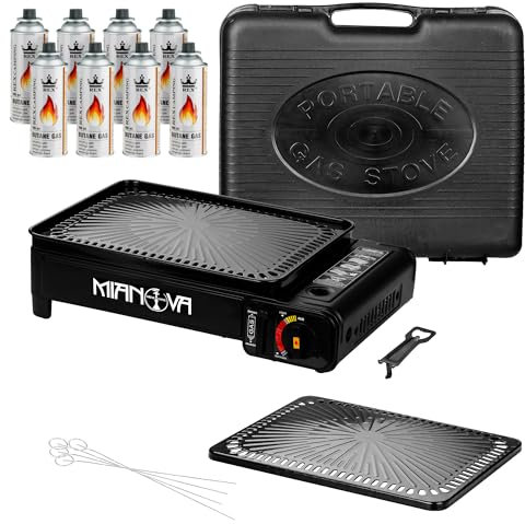Mianova Campingkocher Gaskocher im Koffer BBQ Grill Anzünder Camping Shisha Kohle Kohleanzünder Notfallkocher mit 8 Gasflaschen