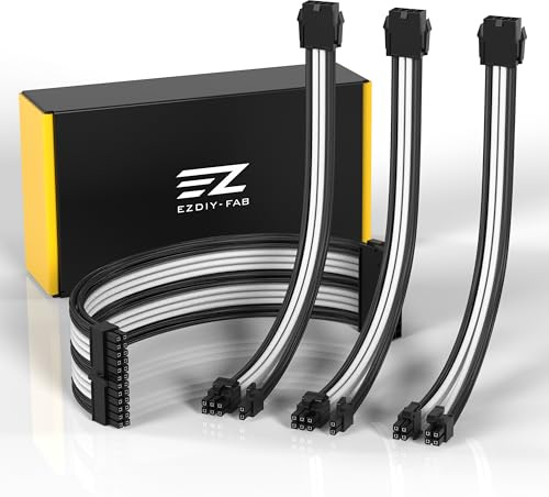 EZDIY-FAB Cavo di Estensione PSU con Manicotto Cavo di Alimentazione PC mod Personalizzato,Nylon Morbido Intrecciato con Kit Pettine 24PIN/8PIN a 6+2PIN/ 8PIN a 4+4PIN-300MM-Nero Bianco