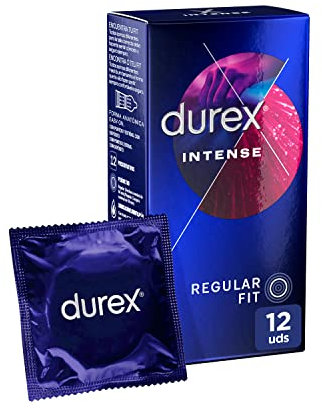 Durex Preservativos Intense, con Puntos y Estrías, con Gel Desirex, Sensación Calor, Frescor u Hormigueo, 12 condones