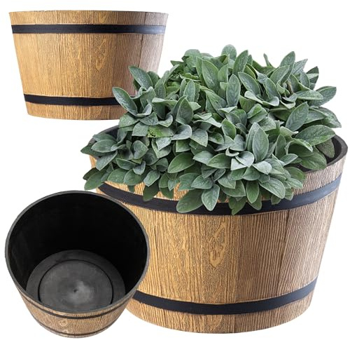 KADAX Pflanztopf im Holzfass-Design, ø 23 cm, aus wetterfestem Kunststoff, für Garten, Terrasse & Balkon, dekorativer Blumentopf, Blumenkübel oder Übertopf, Beige, Teich mit Wassereimer