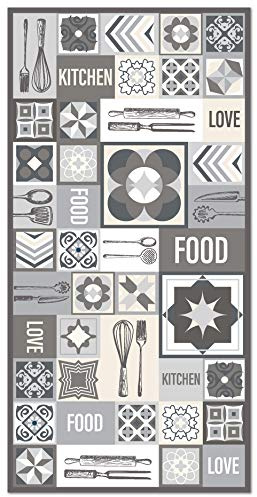 Panorama Alfombra Vinílica Cocina - Modelo Collage Palabras Baldosas Gris 80x150 cm - Varios tamaños - Decoración Hogar