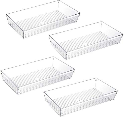 4 Pack 12x 6 Large Size Clear Plastic Desk Drawer Organizer Tray Bathroom Office Kitchen Utensils Silverware Gadgets Dividers Desk Drawer Storage Bins Container for Dresser Cosmetic Makeup