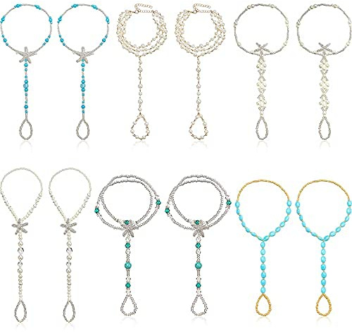 Hicarer 12 Pieces Feet Jewelry Barefoot Sandals Toe Rings Foot Chains Starfish Faux Pearls Elastic Beaded Turquoise Anklet Chains Jewelry with Rhinestone Ring for Women Wedding Beach Wearing