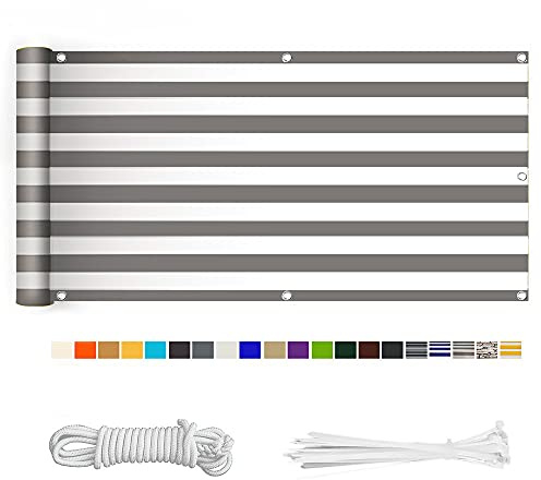 HERILIOS Balkon Sichtschutz, Balkonabdeckung 220 g/m² Innen Balkonverkleidung UV-Schutz (210Größen&21Farben) mit Ösen Kabelbinder und Kordel für Balkongeländer Terrasse,90X600CM Grau-weiß gestreift