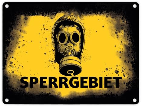 Sperrgebiet Metallschild in 15x20 cm mit Gasmaskenmotiv in gelb cooles Blechschild mit Schutzmaske im Used-Look für das Zimmer von einem Teenager oder die Toilette