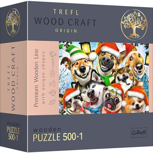 Trefl - Holzpuzzle: Weihnachtshunde - 500+1 Teile, Wood Craft, Holzbastelei, unregelmäßige Formen, 50 Weihnachtsfiguren, modernes Premium-Puzzle, DIY, Spaß für Erwachsene, holzpuzzle Erwachsene