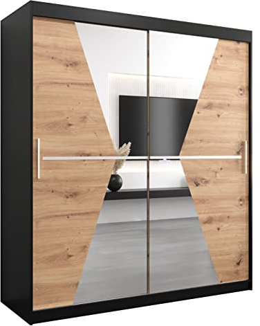 ABIKSMEBLE Maroko 180 Armoire à Deux Portes Coulissantes pour Chambre à Coucher - Moderne Armoire de Rangement avec Miroir, Tringle et Étagères - 180x200x62 cm (L x H x P) - Noir Mat + Artisan