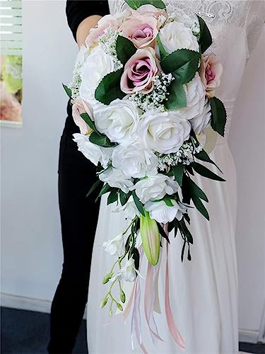Tkasniy Hochzeitssträuße für die Braut, Wasserfall-Form, künstliche weiße Rose, Brautsträuße für die Hochzeit, Brautstrauß für romantische französische Vintage-Hochzeitszeremonie, Pink A