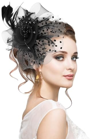 Anseom Fascinator Copricapo da Sposa, Donne Fascinator Fascia Accessori per Capelli da Sposa Copricapo di Piume di Cappello Cocktail Party Accessori per Capelli (nero)