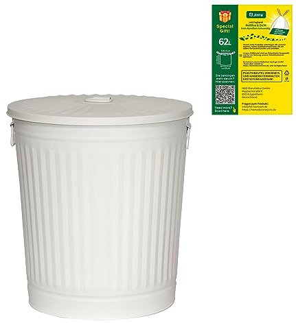 Jinfa 1 Bidone in metallo laccato a polvere con manici e coperchio design retrò + 5 sacchetti per pattumiera | Bianco crema | Ø 44 cm | Capienza 62L