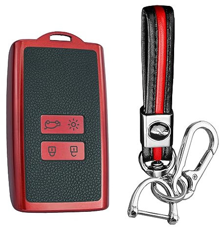 KUNIO Autoschlüssel Hülle Passt für Renault Dacia Megane Espace Laguna Koleos Duster 2 Clio Zoe Kadjar Grand Scenic Schlüsselhülle TPU Leder-Textur Etui Schlüsselanhänger 4 Tasten A Rot