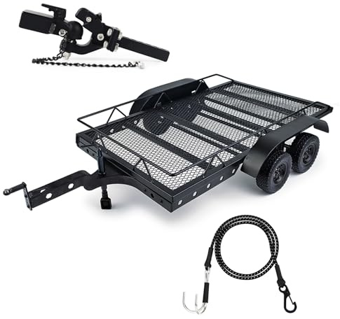 AMK Metal 1/10 Scale RC Trailer for Hauling Behind Cars with Truck Hitch and Receiver Towing Strap Builer Kit for Axial SCX10 90046 TRX4 TRX6 Gen7 Gen8 Gift
