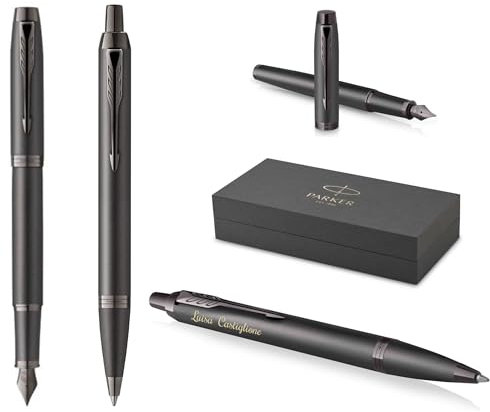 PARKER Schreibset IM Professionals Monochrome Kugelschreiber und Füllfederhalter mit Gravur | Premium Stift | Geschenkbox | blaue Pantrone | personalisiert | Geburtstag (Bronze)
