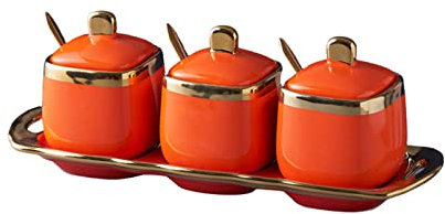 tarro de azúcar y sal, Phnom Penh Azucarero con tapa y cuchara, 3 juegos de azucarero, tarro de especias, salero, botes de cerámica coloridos for café, azúcar, color rojo, 3 juegos ( Color : Orange ,