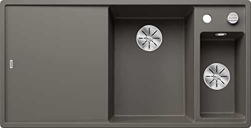 BLANCO AXIA III 6 S, SILGRANIT gris volcánico, tipo de montaje: instalación desde arriba, lavabo principal a la derecha, con tabla de cortar madera, armario inferior de 60, tabla de cortar deslizante,