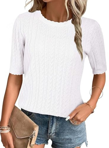 Arach&Cloz Pullover da Donna a Maniche Corte Estate Autunno Inverno Camicia Lavorata a Maglia Camicetta Casual Girocollo