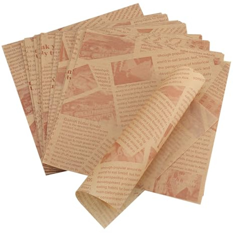 Hejo 200 Blätter Deli Papierblätter, Pommes Papier für Korb, Umweltfreundliches Backpapier, Burger Wrap Papier für Burger, Butterbrot, Käse, Pommes 18x18cm | Retro-Stil, antike Zeitung, Papier zum Verpacken von Lebensmitteln für Hamburger, Sandwich, Kartoffeln, Pizza, Fleisch