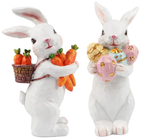 Jangostor 2 Piezas Decoraciones de Conejito de Pascua Estatuas y Figuritas de Conejo de Pascua con Zanahoria y Huevo Centro de Mesa de Pascua de Resina Conejo para Decoración de Primavera Oficina Mesa