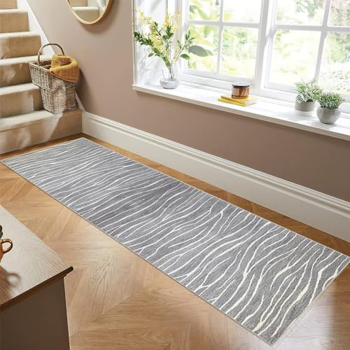 Siunwdiy Teppich Läufer Flur Küche rutschfest Waschbar Grauer Küchenläufer Lang Gestreifter Korridor -Teppichläufer Flurteppich Küchenteppich Meterware Anpassbar,Grayb,40x100cm
