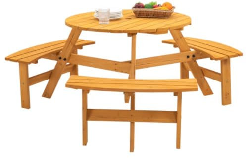 SPOFLYINN 6-Personen/8-Personen-Holztisch, rund, für den Außenbereich, Picknicktisch-Set für Terrasse, Hinterhof, Garten, mit 3/4 langen Bänken, natürlich, 6-Personen, 3 Bänke, Einheitsgröße