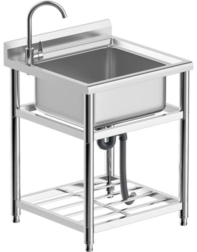 Vockol Freistehende Edelstahl Spültisch Gastro 1 Becken, 60 cm Gewerbliche Küchenspüle mit Wasserhahn, Spülschrank Edelstahl Outdoor Spüle für Küche, Garage, Waschküche, Restaurant, 64T x 60B x 93H cm
