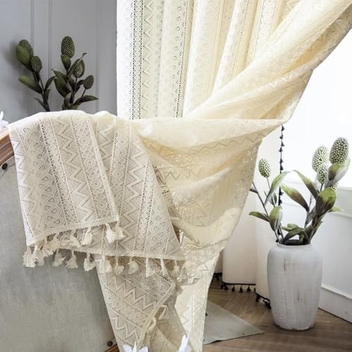 RunFar shop Boho Vorhänge gardine 2er Set Beige Vintage Französische Retro-Häkel Stricken Gardinen Transparent Vorhang Spitzengardinen Curtains für Wohnzimmer Schlafzimmer B140×H150cm