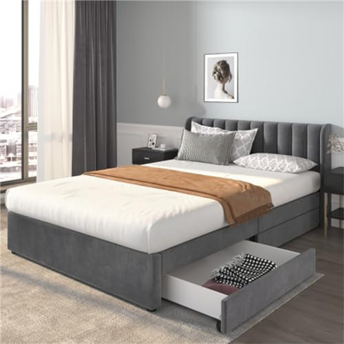Gepolstertes Doppelbett Mit Hohem Kopfteil Und Massivem Lattenrost,2 Ausziehbaren Schubladen Für Einfachen Zugriff,Gestell Aus Kiefernholz Für Die Nutzung Im Schlaf(Size:160 * 200,Color:grau)