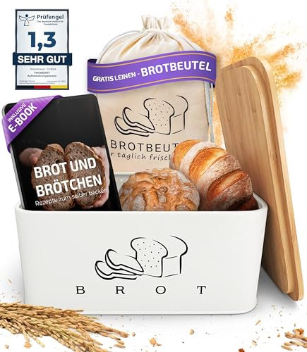 Brotkasten Weiß – Brotbox mit Bambusdeckel als Schneidebrett [2in1 Brotbehälter]- inklusive gratis Brotbeutel Leinen - perfekte Brotaufbewahrung für lange Frische- Premium Brot Aufbewahrungsbox