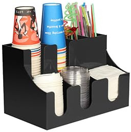 HKeeper Kaffee Spender Organizer-Aufbewahrung von Zubehör - Kaffeebar für u. a. Zucker Einwegbecher Milch Servietten Kapseln - Kaffeestation Acryl schwarz 7 Fächer