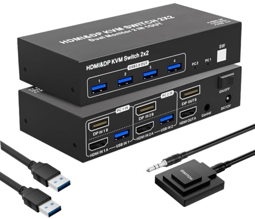 USB 3.0 Displayport + HDMI KVM Switch Dual Monitor 2x2, BolAAzuL 4K@60Hz KVM Switch 2 PC 2 Monitore mit 4 USB 3.0, KVM Switch DP 1.4 + HDMI 2.0 für 2 PC Teilen Maus, Tastatur und Monitor