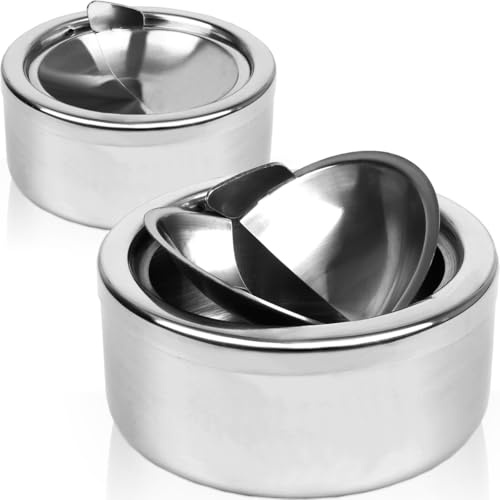 2x Aschenbecher Edelstahl mit Deckel Windaschenbecher Klappaschenbecher für Innenraum und Draußen (2 Stück)