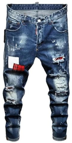 ZMIN Jeans strappate da uomo, vestibilità slim, piccola gamba, pantaloni blu maschili, jeans a tubo stretch, 34